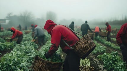 Farmers Harvesting Kale in Foggy Field