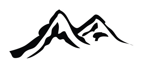 Black and white graphic illustration of a mountain range with two prominent peaks.