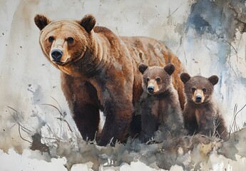 Mother Brown Bear and Cubs