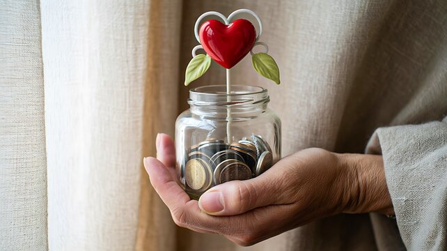 Hands holding glass jar with coins and heart symbol indoors