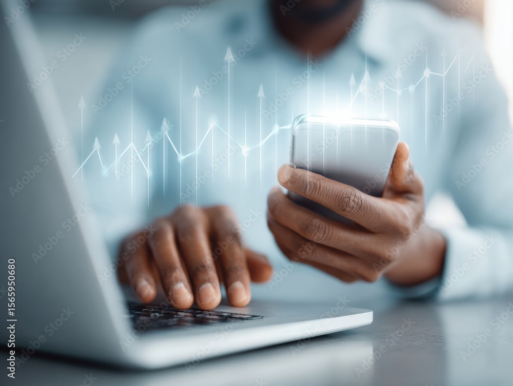 Poster digital finance technology concept person using smartphone and laptop with virtual stock market grap