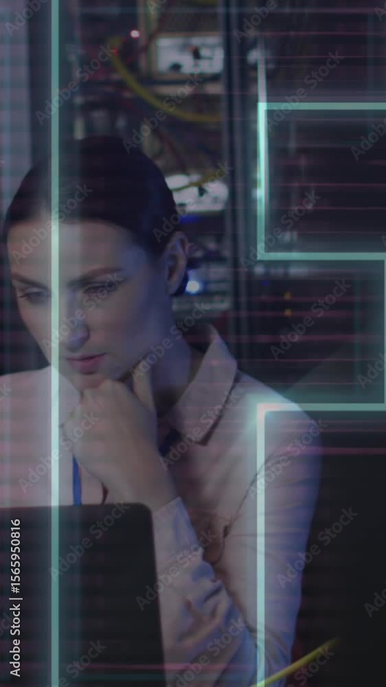 Poster animation of nft and data processing over diverse it engineers by computer servers