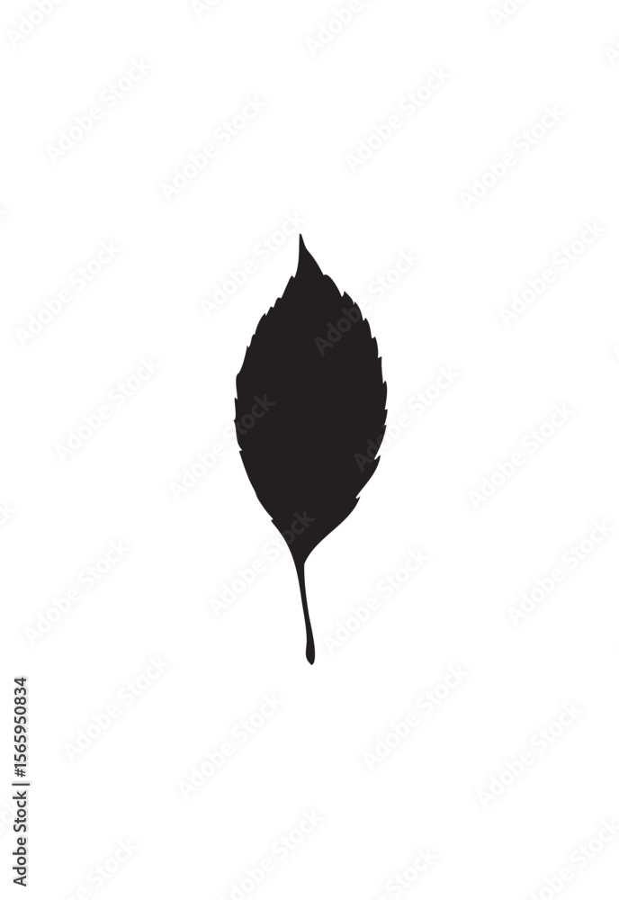 Poster silhouette of a single leaf with a pointed tip and stem, centered on a white background.