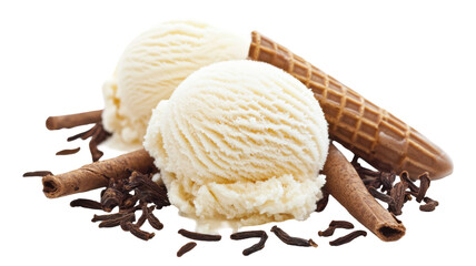 Ice Cream Scoop with Cones Sweet Dessert Treat Cold Frozen Food Creamy Flavorful Summer Snack Tasty Indulgence Waffle Cone Combination Dairy Delight Refreshing Concept Isolated on White Background