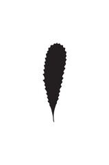 A simple, black silhouette of a single, textured leaf against a white background.