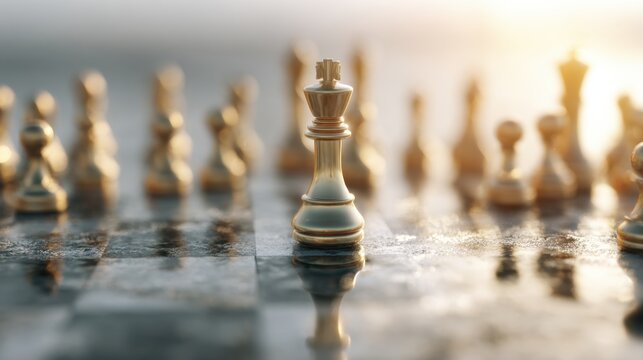 Quantum Optimization Chessboard with Central King Piece and Strategic Arrangement in Blurred Background for Business Innovation and Leadership Growth