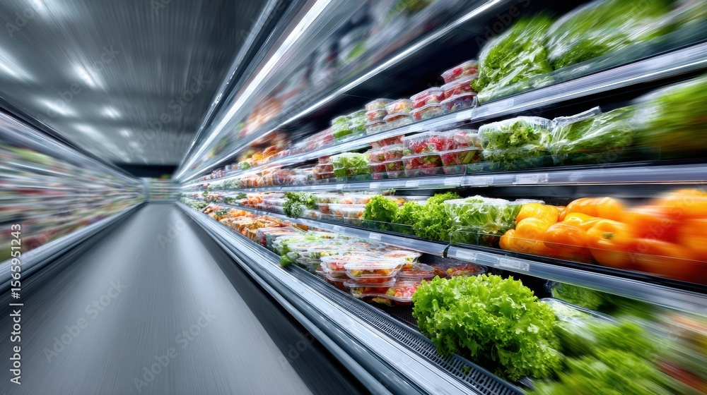 Poster modern supermarket refrigerated aisle with fresh salads and ready meals in open displays for efficie