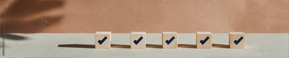 Aufkleber Minimalist Vote Counts with Six Wooden Cubes and Checkmarks on Neutral Background for Efficient Task Management and Productivity Promotion