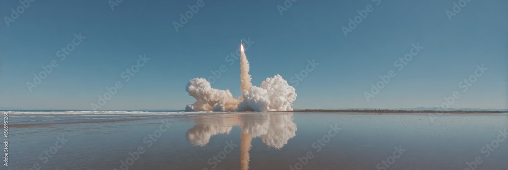 Poster rocket launch over coastal waters with reflective calm surface and clear sky, capturing historic exp