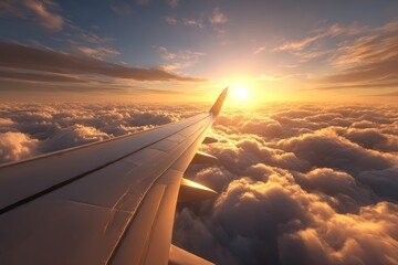 Obraz premium Stunning Aerial View from Airplane Window with Sunset over Scenic Cloudscape – Elevated Travel Photography