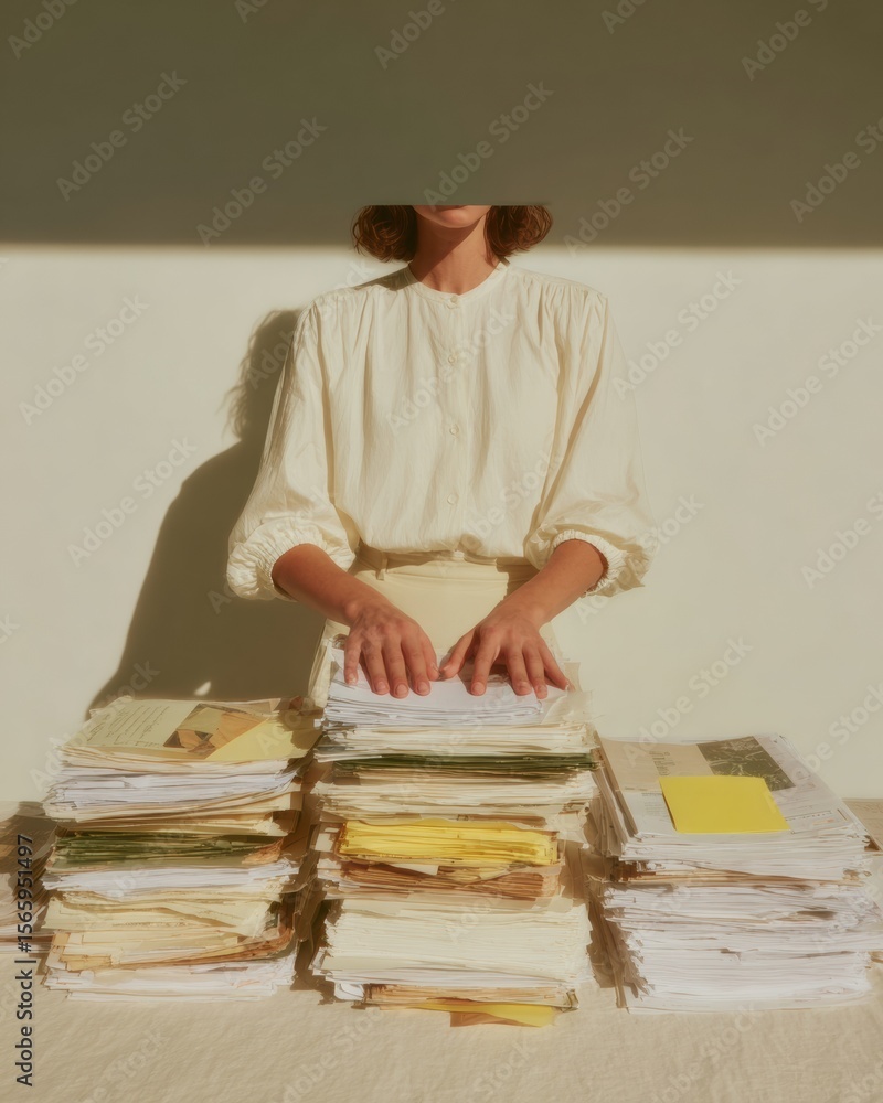 Aufkleber investor stress and administrative overload with large stacks of documents on secretarys desk in war