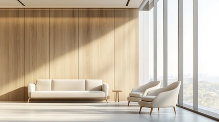 Sunny waiting room with neutral couch and chairs against a light wood paneled wall