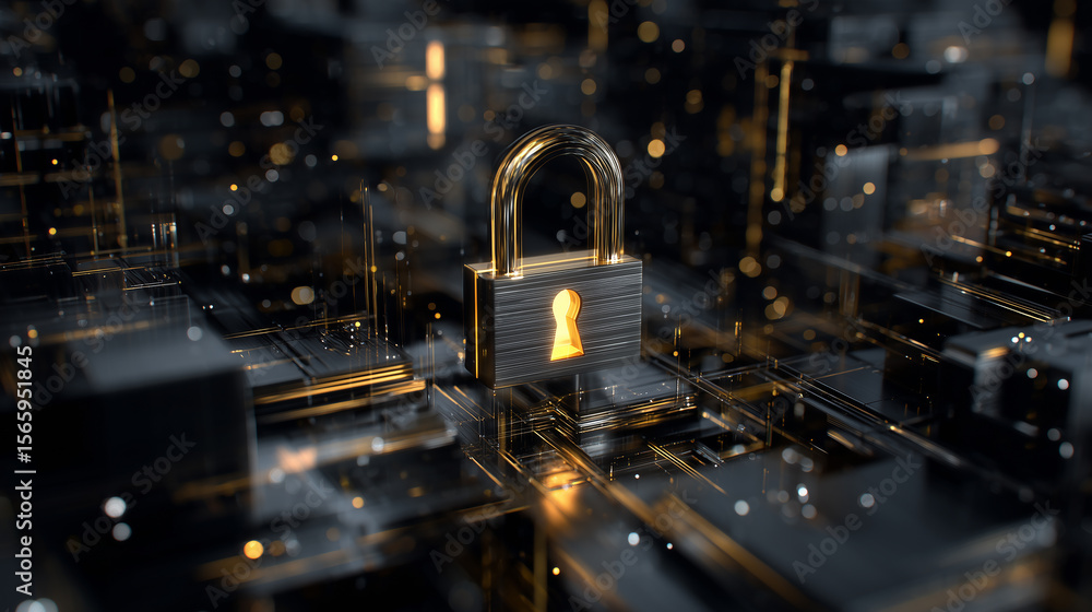 Poster digital security concept with a glowing lock symbolizing encryption and data protection in a futuris