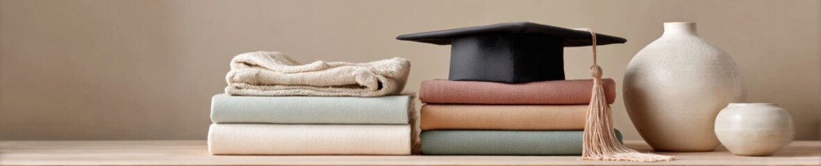 Minimalist Education Concept with Graduation Cap on Stacked Books and Rolled Diploma Symbolizing Academic Success and Student Financial Support