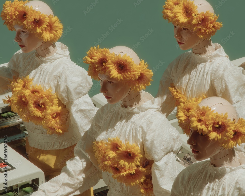 Poster Futuristic humanoid robots with sunflower crowns operating advanced factory control panels in a surreal smart manufacturing environment