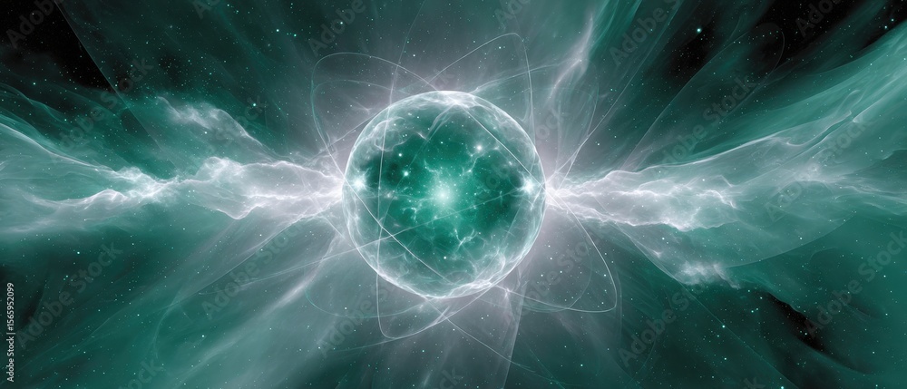 Leinwandbilder Quantum Atomic Structure with Intersecting Electron Paths and Dense Nucleus in Futuristic Digital Art for Scientific and Academic Innovation