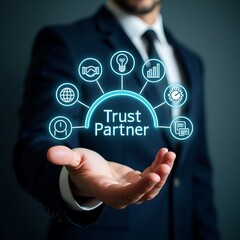 Businessman's Hand Holographic Display Shows Trust Partner Status