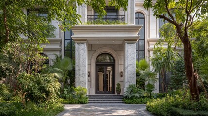 Fototapeta premium Southern-style home with wrap-around porch, white columns, and rocking chairs, bathed in golden light amid lush greenery. Classic elegance meets se 