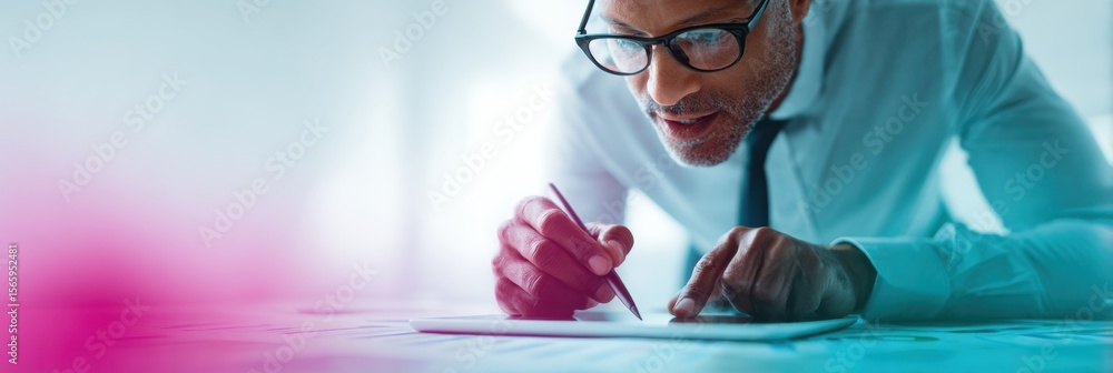 Poster Predictive Model Businessman Analyzing Digital Growth Analytics on Tablet with Virtual Dashboard for Data-Driven Decision-Making in Modern Tech Environment