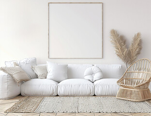Cozy Minimalist Living Room with White Sofa, Textured Pillows and Natural Elements
