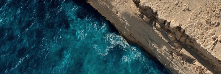 Stunning Aerial View of Rocky Cliffside and Azure Blue Ocean Waters Crashing Against the Steep Coastline