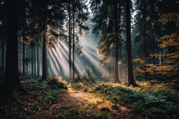 Obraz premium Sunlight Streaming Through Tall Forest Trees Creating Captivating Shadows and a Serene Atmosphere in a Lush Green Woodland