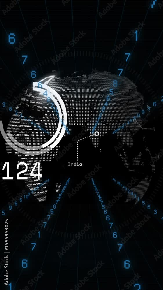 Poster animation of data processing and globe over black background