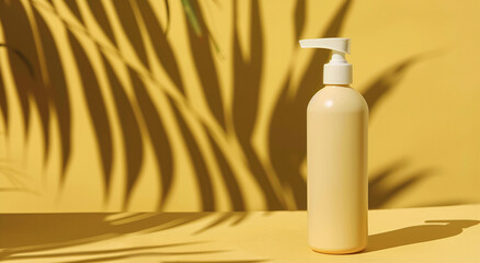 Elegant Yellow Cosmetic Bottle with Pump Against Bright Yellow Background