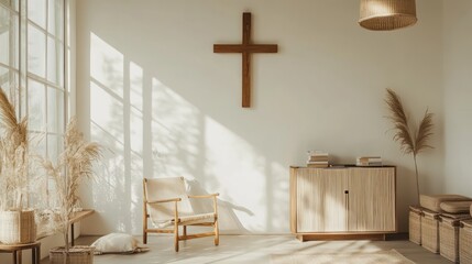 Sunny room with wooden furniture, a woven chair, and cross on the wall
