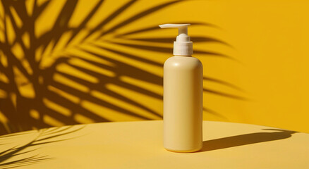 Stylish Yellow Lotion Bottle Displayed with Tropical Shadow on Vibrant Background
