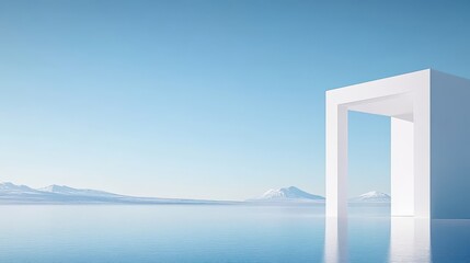 Minimalist white portal against a serene blue sky and calm reflective water with distant mountains