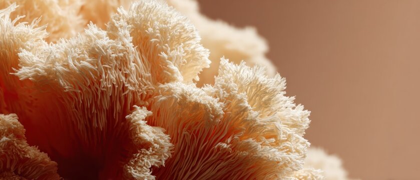 Premium close-up of lions mane mushroom showing intricate texture for natural nootropics and cognitive health marketing campaigns