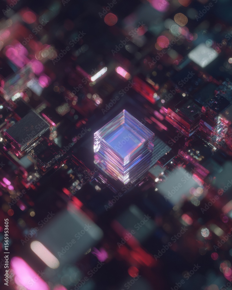 Poster Futuristic Quantum Chip with Transparent Stacked Blocks on Integrated Motherboards Representing AI Innovation and Secure Data Infrastructure