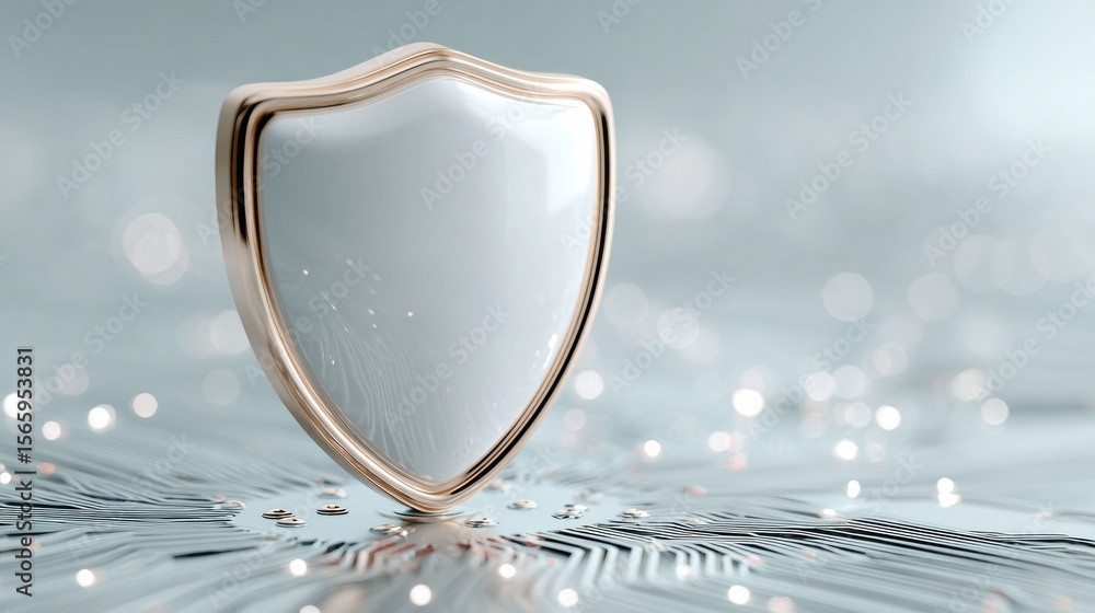 Poster Quantum Algorithm Cybersecurity Shield with Metallic Finish on Circuit Board Representing Advanced Digital Protection and Data Security Innovation