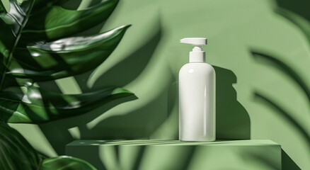 Elegant White Pump Bottle Displayed with Green Shadows on Minimalist Background