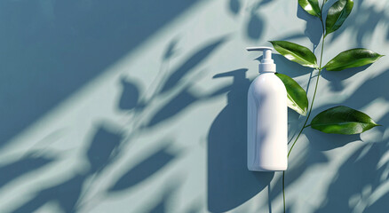 Minimalist White Lotion Bottle with Green Leaves and Soft Shadow Play