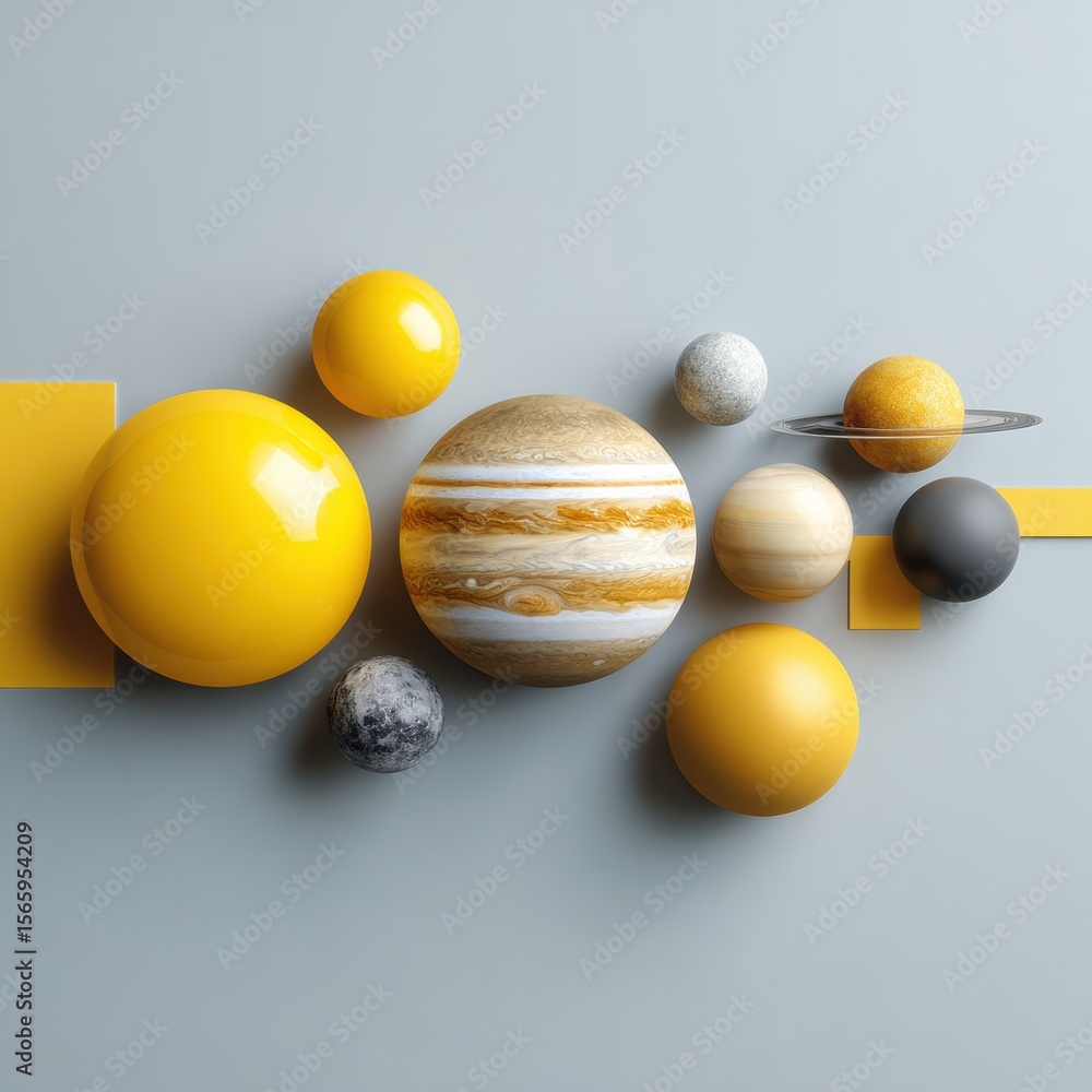 Poster Modern Solar System Model with Aligned Planets and Sun in Minimalist Space Design for Educational and Astronomical Branding Use