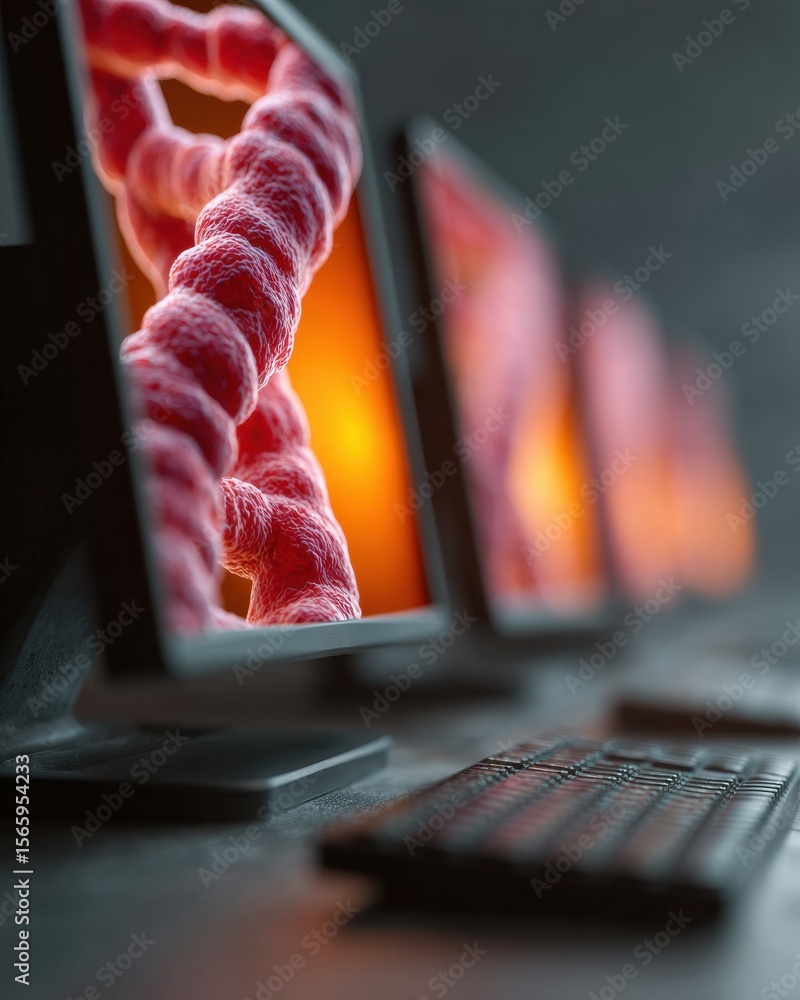 Poster premium modern genomic research with dna helix visualization on multiple computer monitors in high-t