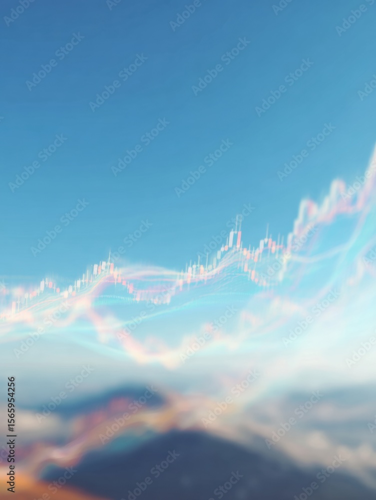 Poster digital stock market graphs with fluctuating data lines over scenic horizon, symbolizing tech-driven