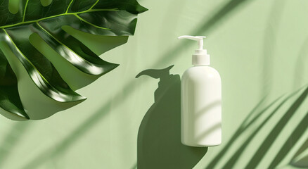 Elegant White Lotion Bottle Against Green Background with Leaf Shadows