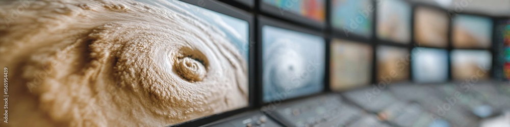 Poster Advanced Satellite Data Screens Showing Hurricane Patterns and Real-Time Weather Analytics in a High-Tech Climate Monitoring Control Room