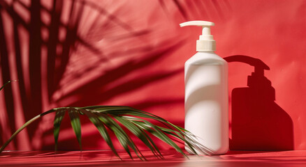 Stylish White Lotion Pump Bottle with Tropical Shadow Against Red Background
