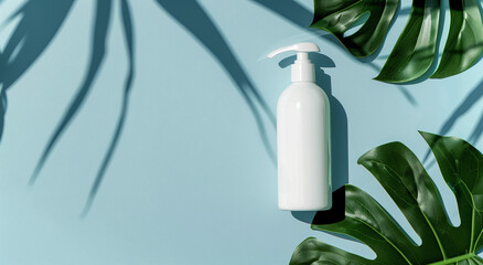 Elegant White Pump Bottle Surrounded by Tropical Greenery on a Light Blue Background
