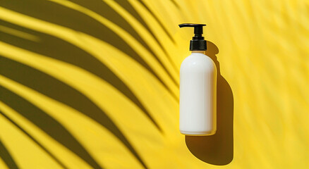 Minimalist White Lotion Bottle with Shadows on Bright Yellow Background