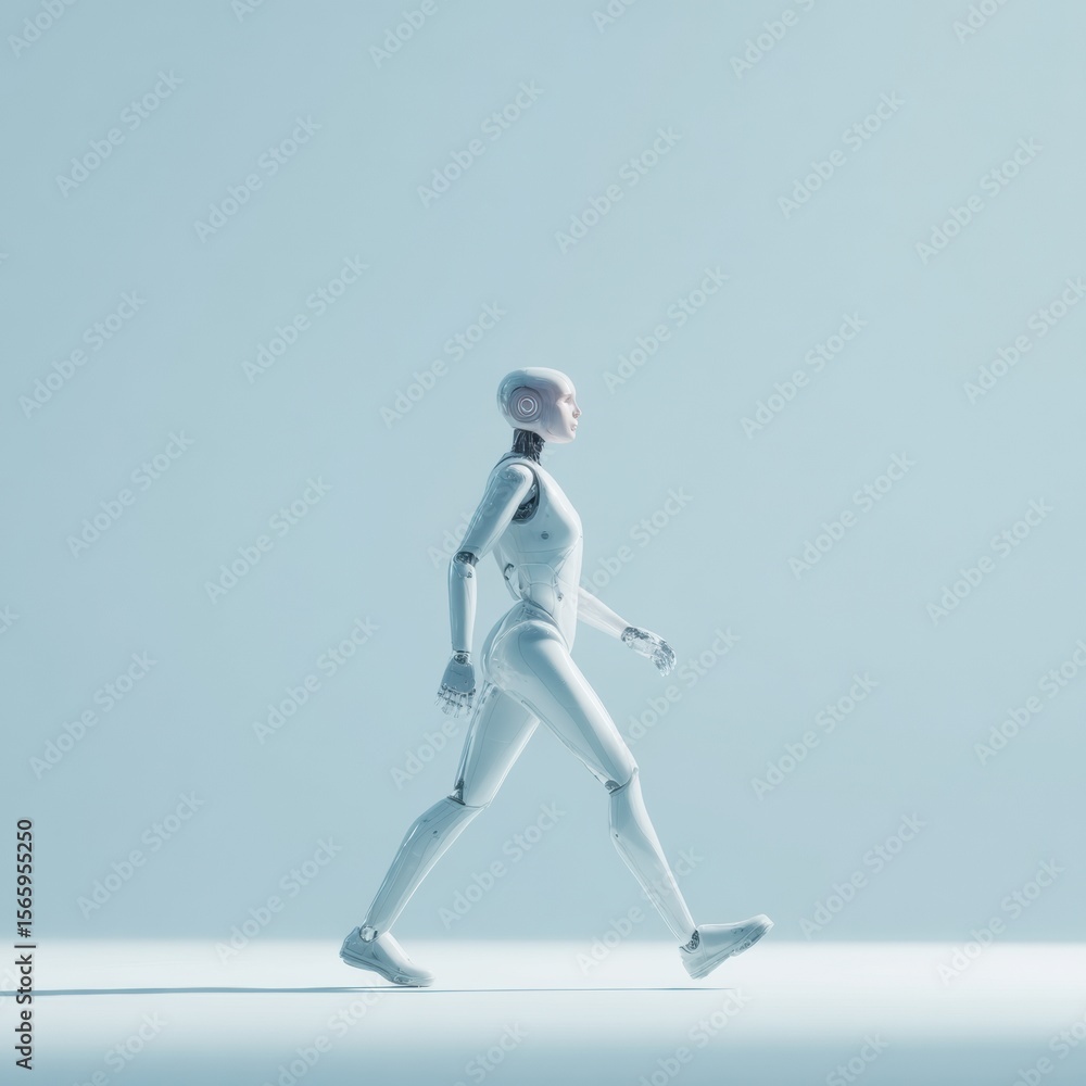 Poster Modern Premium Companion Humanoid Robot Walking Mid-Stride in Minimalist Setting for Tech Innovation Marketing and Professional Content