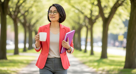 Woman multitasking with coffee and planner isolated