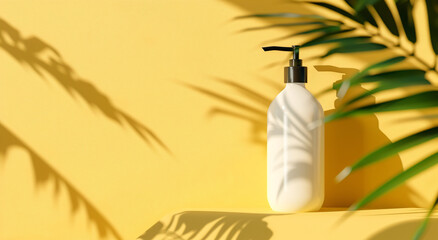 Minimalist White Skincare Bottle with Palm Shadows on Vibrant Yellow Background