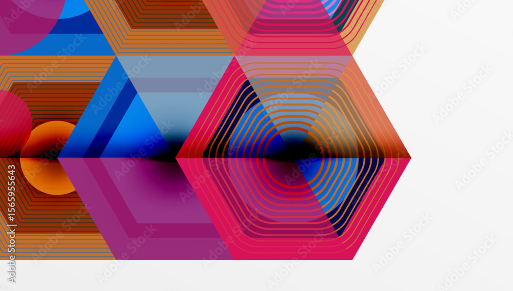 Poster abstract geometric design. hexagons, lines, vibrant colors create dynamic visual effect. modern, bol