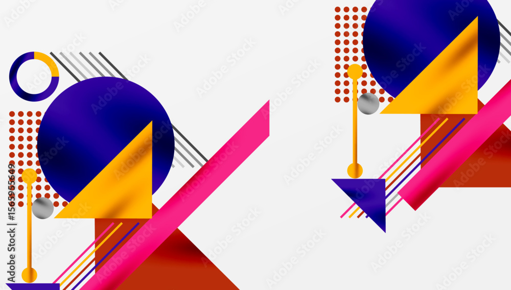 Poster Abstract geometric composition. Shapes overlap, creating dynamic visual interest. Bright colors dominate white background. Modern design elements present.