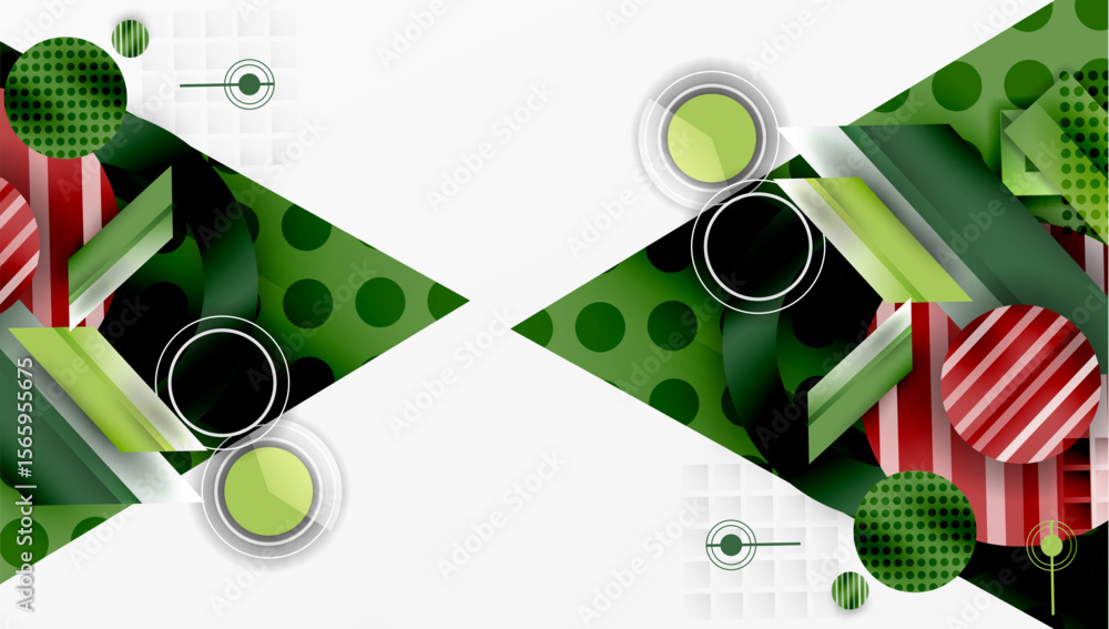 Poster abstract geometric design. green, red elements contrast white space. circles, squares create dynamic